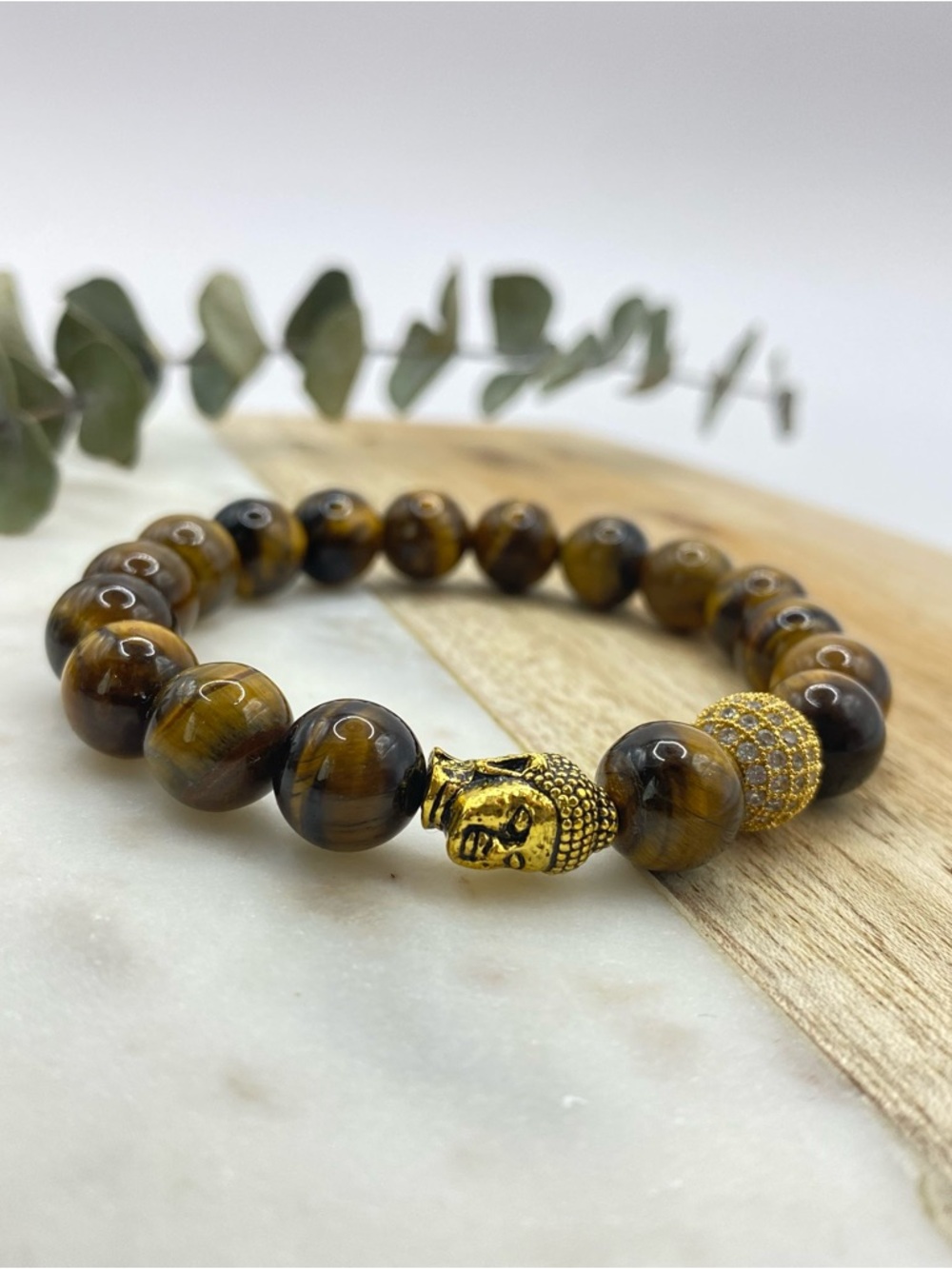 Tiger Eye Beaded Bracelet with Gold Buddha Accent